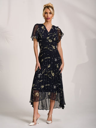 Chiffon Floaty Sleeved Midaxi Dress, Navy Abstract