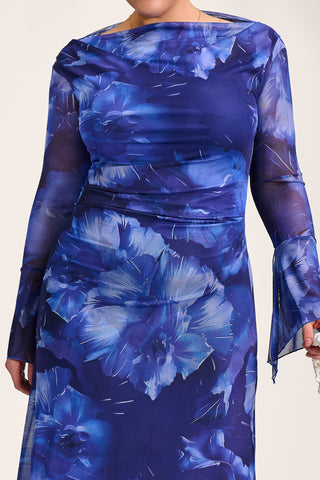 Slash Neck Mesh Maxi Dress, Blue Abstract