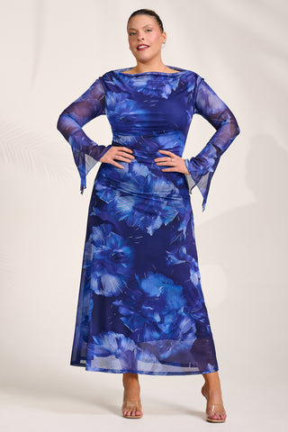 Slash Neck Mesh Maxi Dress, Blue Abstract