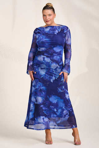 Slash Neck Mesh Maxi Dress, Blue Abstract