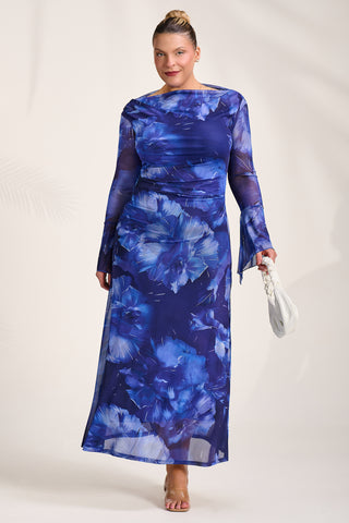 Slash Neck Mesh Maxi Dress, Blue Abstract