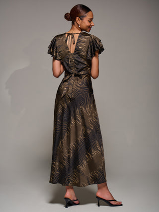 Ruffle Sleeve Print Satin Maxi Dress, Brown Animal