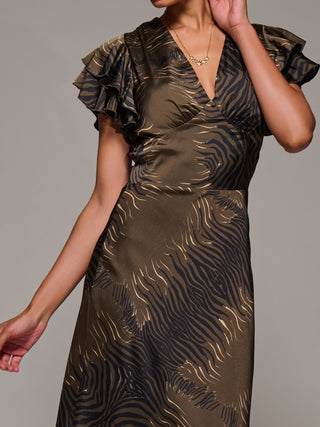 Ruffle Sleeve Print Satin Maxi Dress, Brown Animal