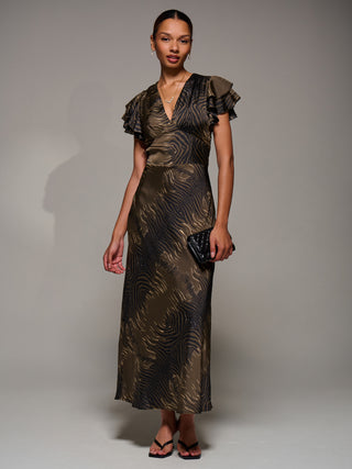 Ruffle Sleeve Print Satin Maxi Dress, Brown Animal Jolie Moi Retail Ruffle Sleeve Print Satin Maxi Dress, Brown Animal Jolie Moi Retail
