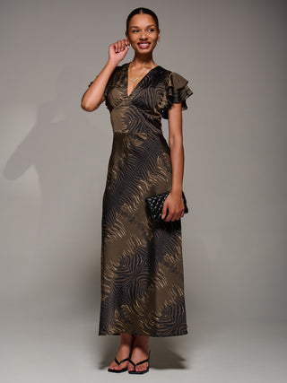 Ruffle Sleeve Print Satin Maxi Dress, Brown Animal