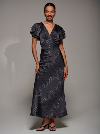 Ruffle Sleeve Print Satin Maxi Dress, Grey Animal