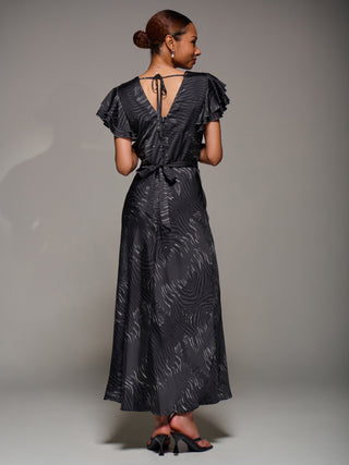 Ruffle Sleeve Print Satin Maxi Dress, Grey Animal
