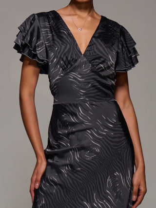 Ruffle Sleeve Print Satin Maxi Dress, Grey Animal