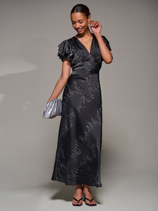 Ruffle Sleeve Print Satin Maxi Dress, Grey Animal