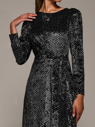 Long Sleeve Velvet Tie Detail Midi Dress, Black Spot
