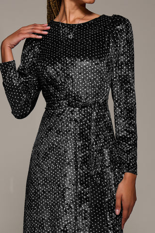 Long Sleeve Velvet Tie Detail Midi Dress, Black Spot