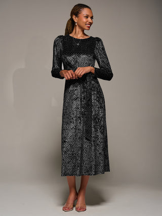 Long Sleeve Velvet Tie Detail Midi Dress, Black Spot