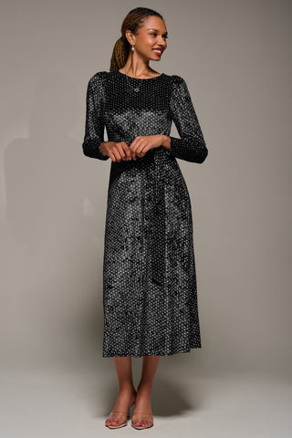 Long Sleeve Velvet Tie Detail Midi Dress, Black Spot