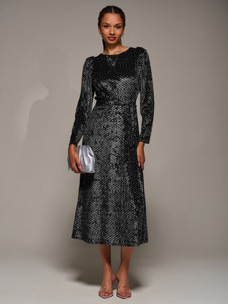 Long Sleeve Velvet Tie Detail Midi Dress, Black Spot
