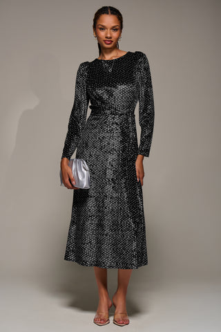 Long Sleeve Velvet Tie Detail Midi Dress, Black Spot