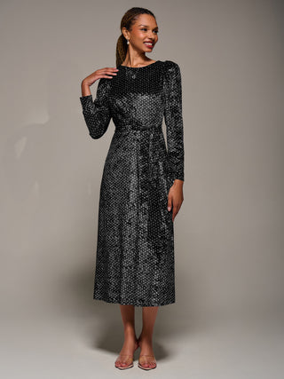 Long Sleeve Velvet Tie Detail Midi Dress, Black Spot