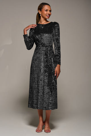 Long Sleeve Velvet Tie Detail Midi Dress, Black Spot