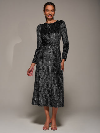 Long Sleeve Velvet Tie Detail Midi Dress, Black Spot