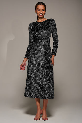 Long Sleeve Velvet Tie Detail Midi Dress, Black Spot