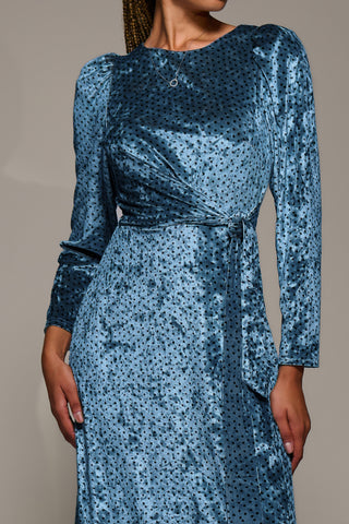 Long Sleeve Velvet Tie Detail Midi Dress, Blue Spot