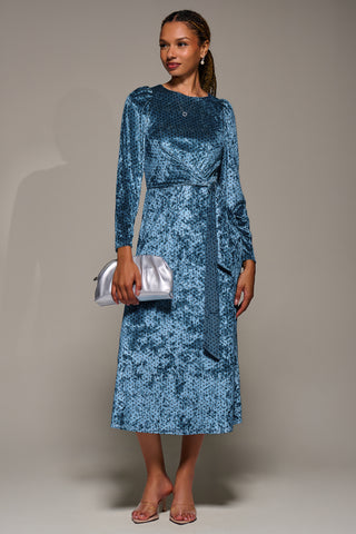 Long Sleeve Velvet Tie Detail Midi Dress, Blue Spot