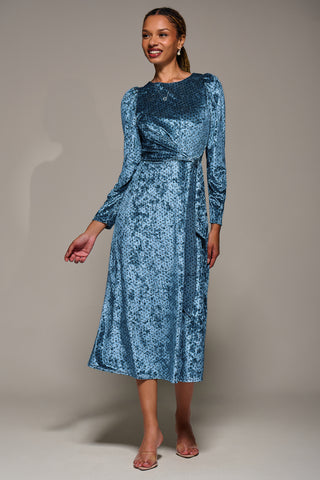 Long Sleeve Velvet Tie Detail Midi Dress, Blue Spot