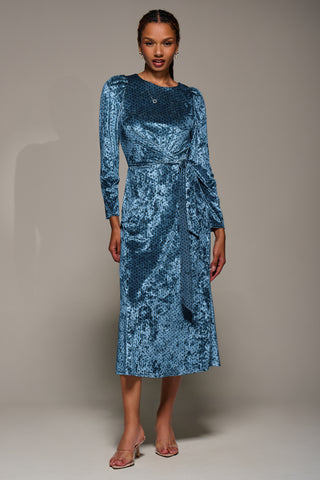 Long Sleeve Velvet Tie Detail Midi Dress, Blue Spot