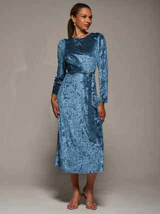 Long Sleeve Velvet Tie Detail Midi Dress, Blue Spot