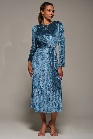 Long Sleeve Velvet Tie Detail Midi Dress, Blue Spot