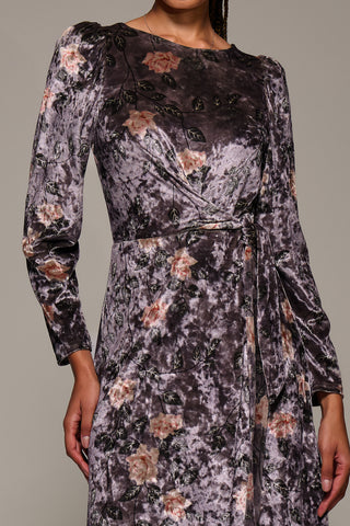 Long Sleeve Velvet Tie Detail Midi Dress, Mauve Floral