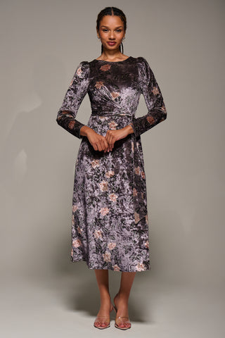 Long Sleeve Velvet Tie Detail Midi Dress, Mauve Floral