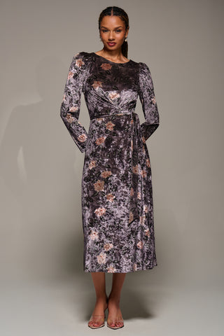 Long Sleeve Velvet Tie Detail Midi Dress, Mauve Floral