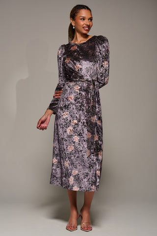 Long Sleeve Velvet Tie Detail Midi Dress, Mauve Floral