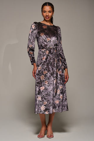 Long Sleeve Velvet Tie Detail Midi Dress, Mauve Floral