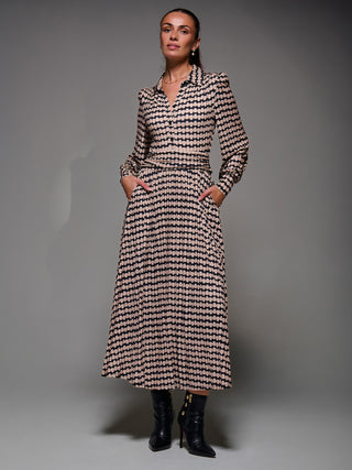 Long Sleeve Pleated Jersey Maxi Dress, Black Geo