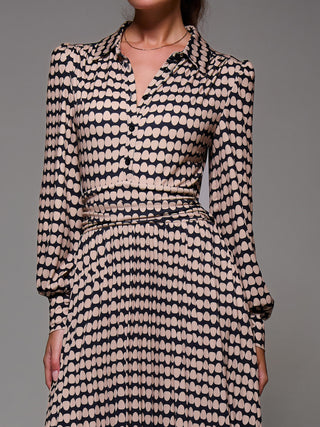 Long Sleeve Pleated Jersey Maxi Dress, Black Geo