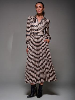 Long Sleeve Pleated Jersey Maxi Dress, Black Geo