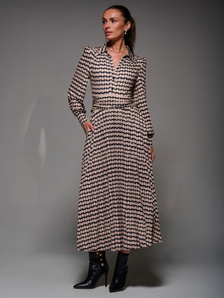 Long Sleeve Pleated Jersey Maxi Dress, Black Geo