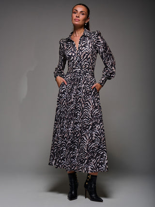 Long Sleeve Pleated Jersey Maxi Dress, Black Multi