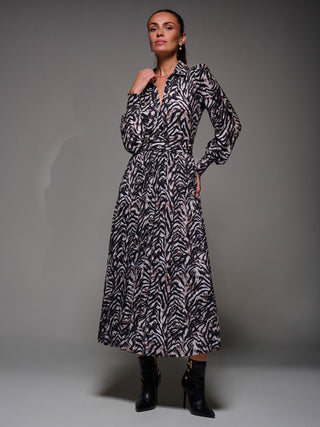 Long Sleeve Pleated Jersey Maxi Dress, Black Multi