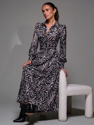 Long Sleeve Pleated Jersey Maxi Dress, Black Multi