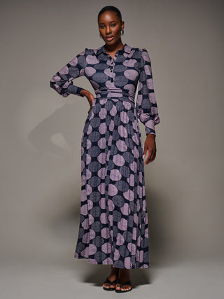 Long Sleeve Pleated Jersey Maxi Dress, Purple Multi