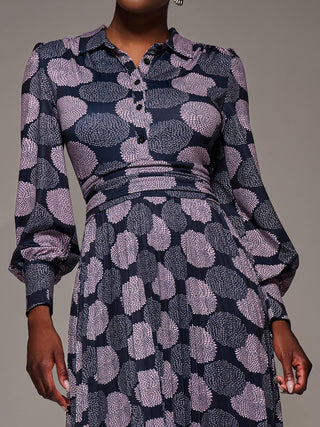 Long Sleeve Pleated Jersey Maxi Dress, Purple Multi