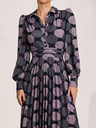 Long Sleeve Pleated Jersey Maxi Dress, Purple Multi