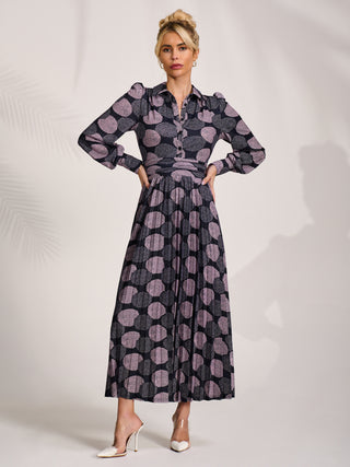 Long Sleeve Pleated Jersey Maxi Dress, Purple Multi
