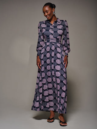 Long Sleeve Pleated Jersey Maxi Dress, Purple Multi