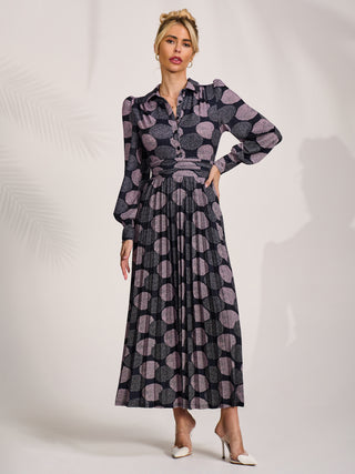 Long Sleeve Pleated Jersey Maxi Dress, Purple Multi