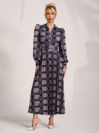 Long Sleeve Pleated Jersey Maxi Dress, Purple Multi