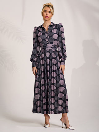 Long Sleeve Pleated Jersey Maxi Dress, Purple Multi