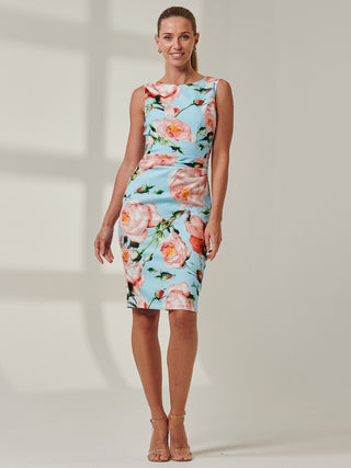 Floral Print Ruched Dress, Blue Floral